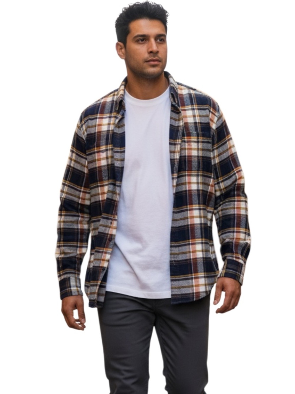 St. John's Bay Navy, Brown & Yellow Plaid Button-Up